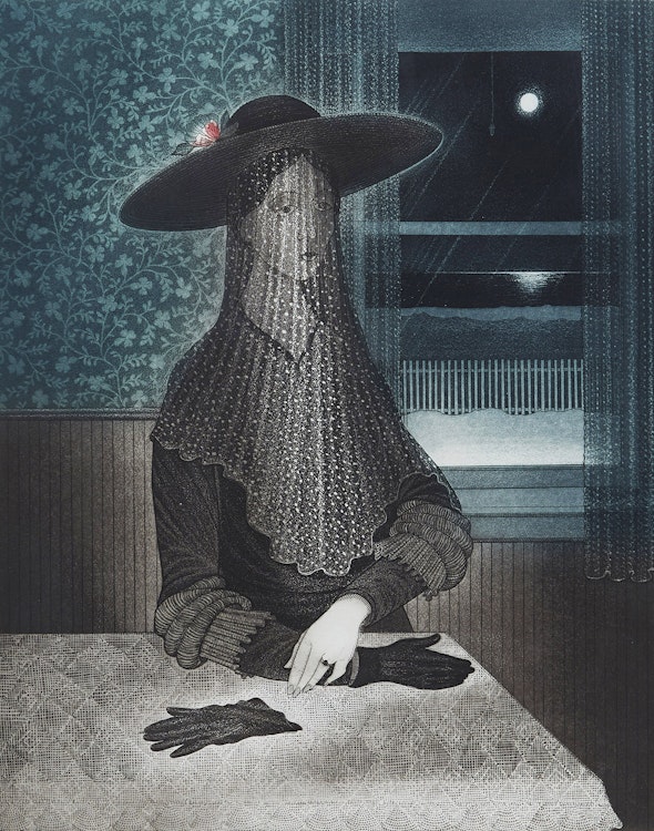 Artwork by David Lloyd Blackwood, Beautiful Young Mummer in Margaret Fleetham’s House