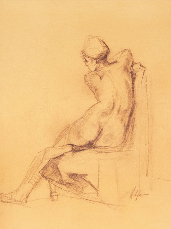 Artwork by John Alfsen,  Female Nude Seated, Backview