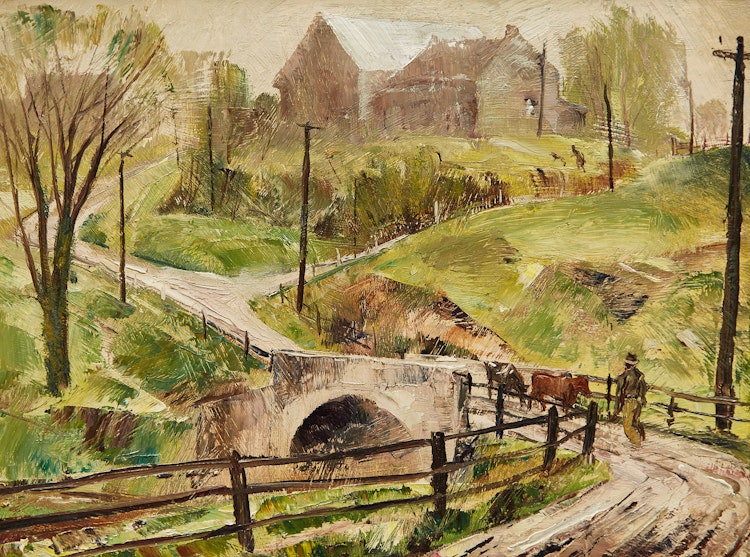 Artwork by Joseph Sidney Hallam, Landscape with Figure and Cows