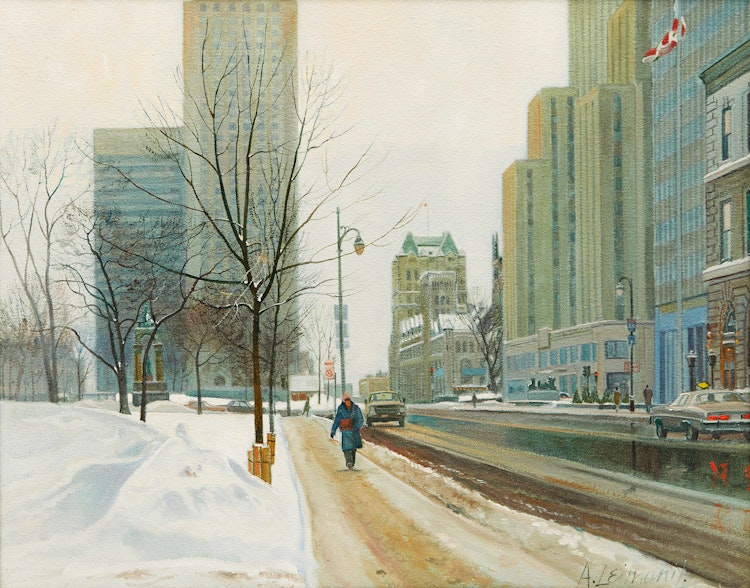 Artwork by Andris Leimanis,  Peel Street at the Old Laurentian Hotel