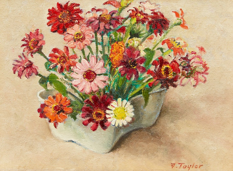Artwork by Frederick Bourchier Taylor, Zinnias