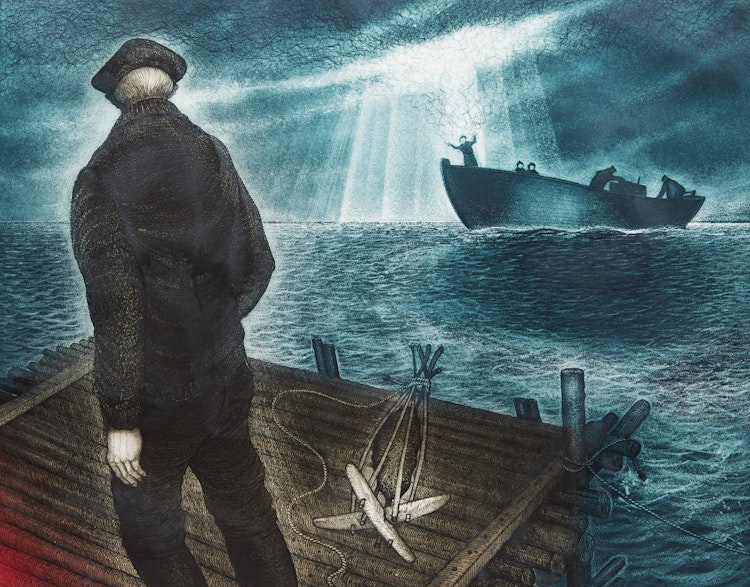 Artwork by David Lloyd Blackwood, Molly Glover leaving Bragg’s Island