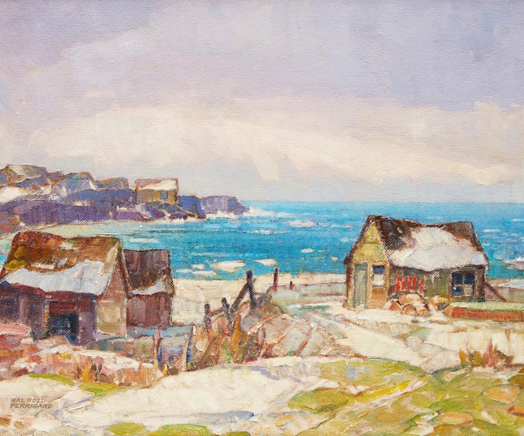 Artwork by Hal Ross Perrigard,  Winter on the Atlantic - Fish Houses 