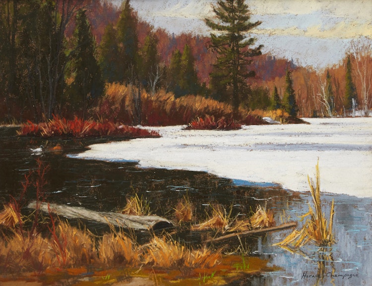 Artwork by Horace Champagne,  Ramsay Lake in April, Gatineau Park, P.Q. 