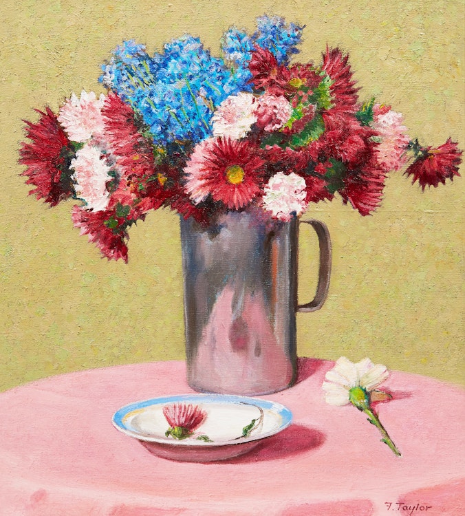 Artwork by Frederick Bourchier Taylor,  Mixed Flowers in Aluminum Jug 