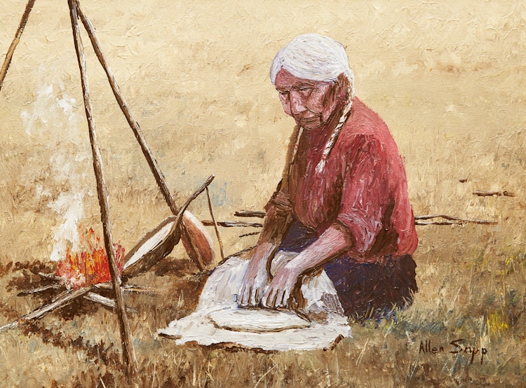 Artwork by Allen Sapp, Making Bannock