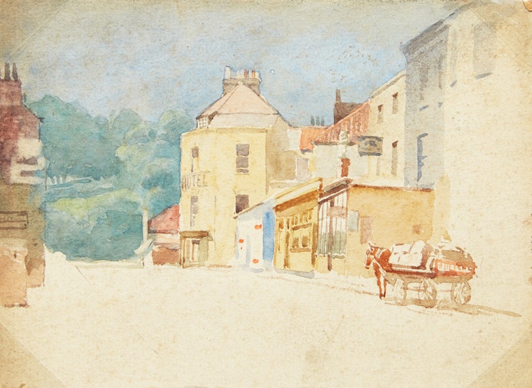Artwork by Frederic Marlett Bell-Smith, Hotel with Horse-Drawn Cart