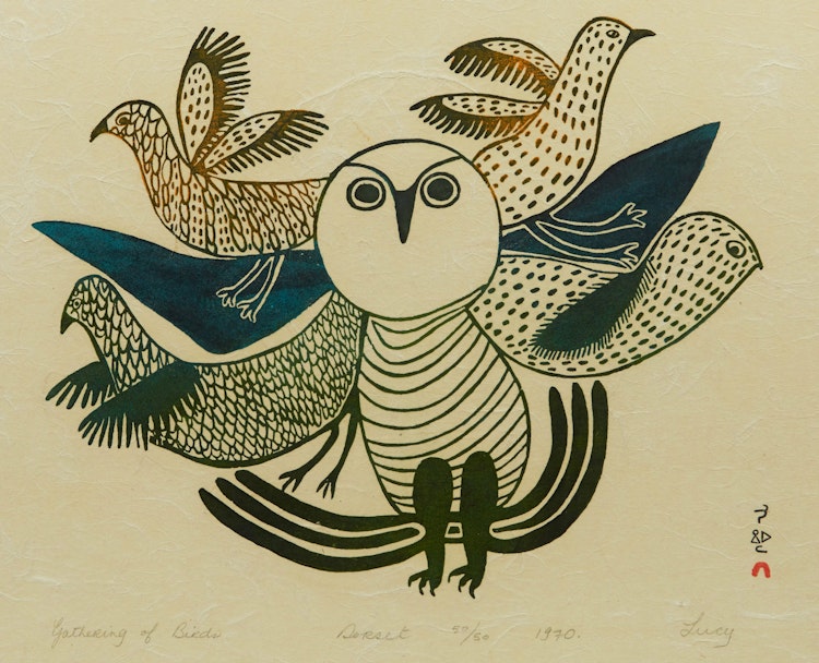 Artwork by Lucy Qinnuayuak, Gathering of Birds