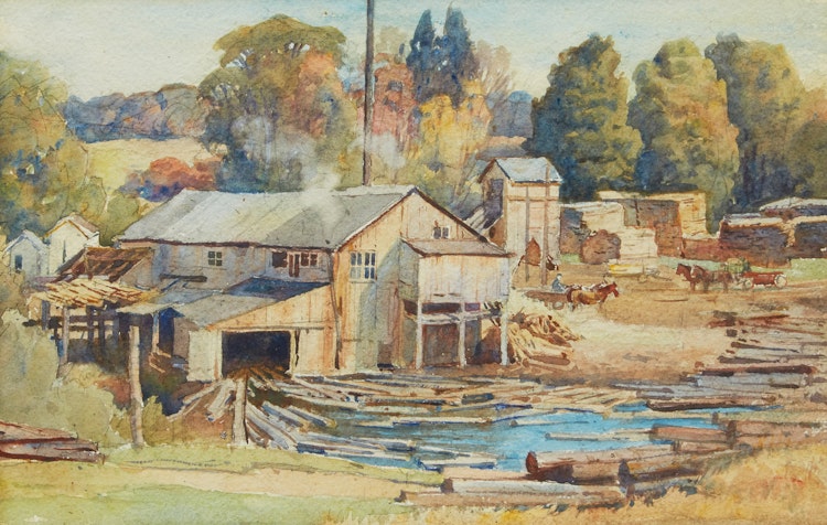 Artwork by Frederick Henry Brigden, Logging Mill