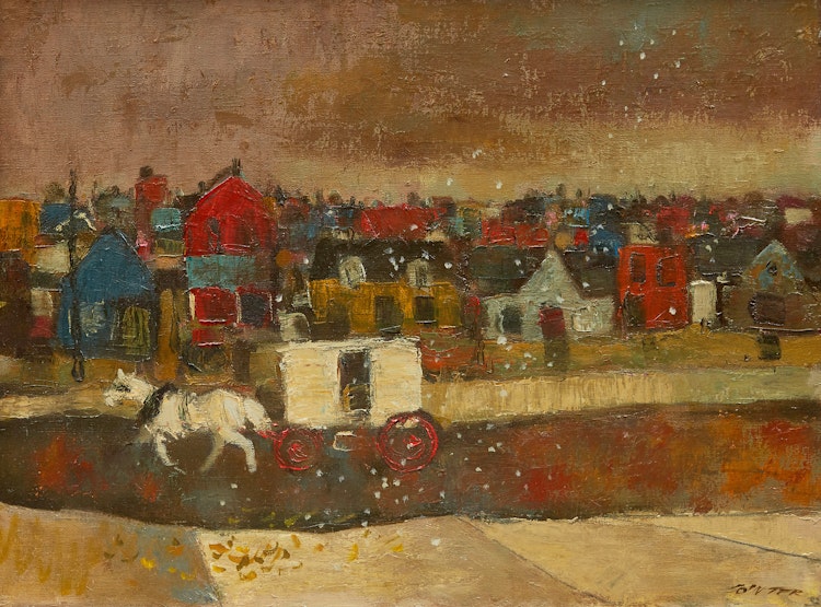 Artwork by William Arthur Winter, Street Scene with White Horse and Carriage
