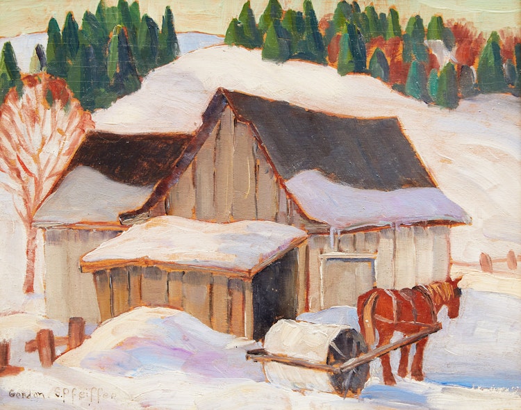 Artwork by Gordon Edward Pfeiffer,  Barns at Lac-Beauport (Snow Roller)