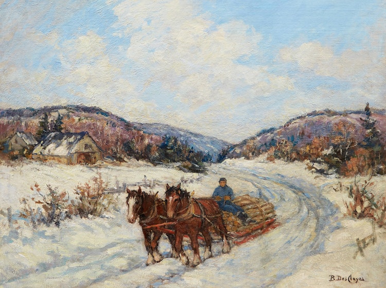 Artwork by Berthe Des Clayes,  Hauling Logs (Winter in Laurentians)