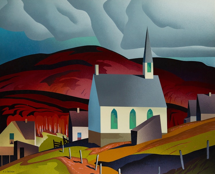 Artwork by Alfred Joseph Casson, Northern Church; Snow Laden Spruce; White Forest