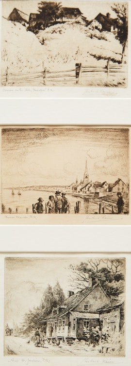 Artwork by Herbert Raine, Houses on the Hill, Beaupré, P.Q.; Rivière Blanche, P.Q.; Near St. Joachim, P.Q.