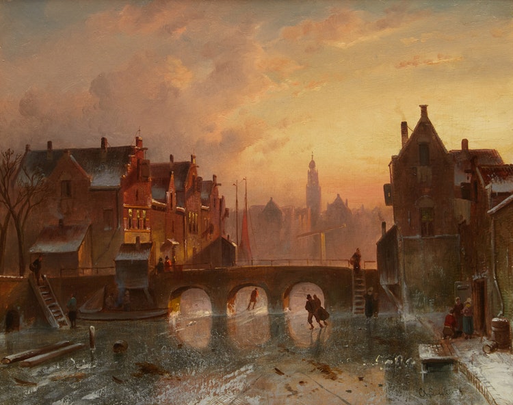 Artwork by Charles Henri Joseph Leickert, Skaters on Canal