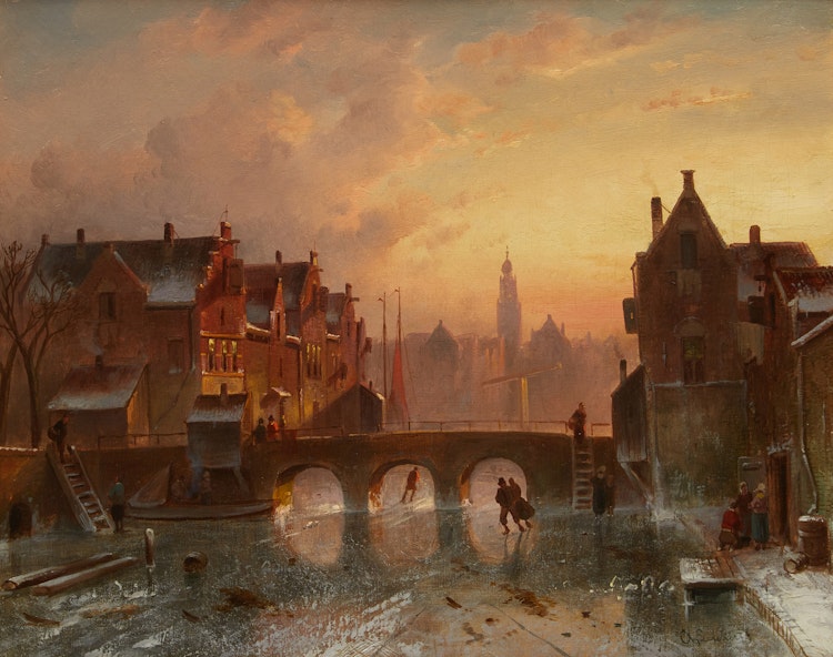 Artwork by Charles Henri Joseph Leickert,  Skaters on Canal