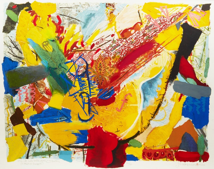 Artwork by John Carl Heywood, Still Life with Glass Bottle and Guitar (A Study in Surfaces)