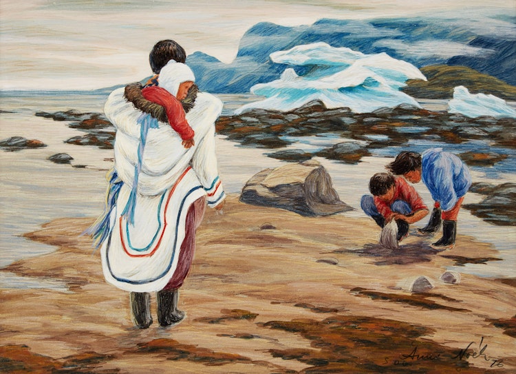 Artwork by Anna Noeh,  Family on the Shore in Pangnirtung