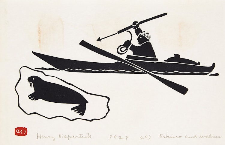 Artwork by Henry Napartuk, Eskimo and Walrus; Eskimo and Seal