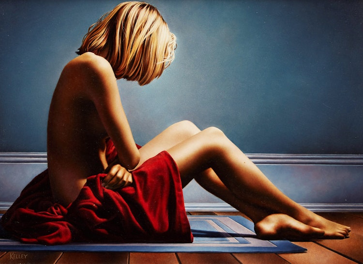 Artwork by Paul Kelley,  Young Girl on Blue Rug