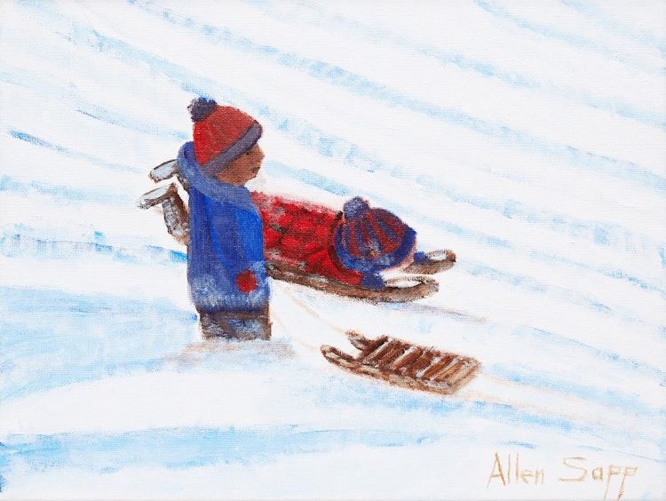 Artwork by Allen Sapp,  Two Boys Sledding