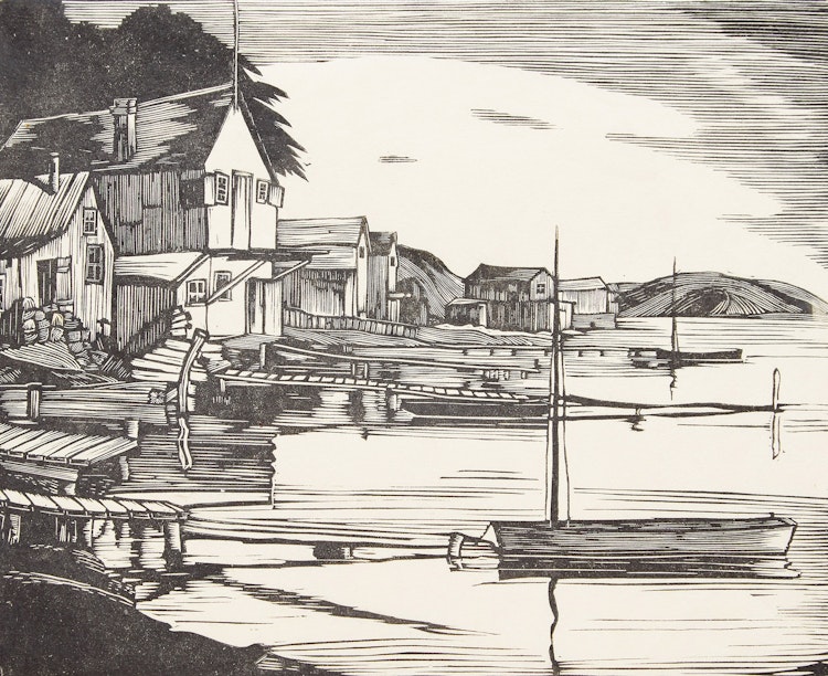 Artwork by Leonard Hutchinson,  Fishing Village