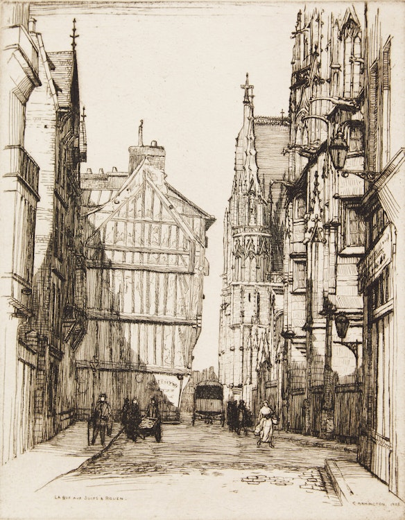 Artwork by Caroline Helena Armington, La Rue aux Juifs a Rouen; L’Ecole de Driot a’ Paris; La Rue Saint Yves a Chartres; Port et Logis du Roi, Mont Saint-Michel
