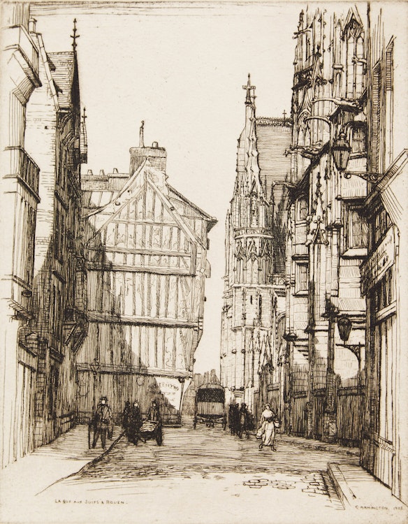 Artwork by Caroline Helena Armington,  La Rue aux Juifs a Rouen; L’Ecole de Driot a’ Paris; La Rue Saint Yves a Chartres; Port et Logis du Roi, Mont Saint-Michel