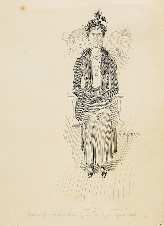 Artwork by Charles William Jefferys, His wife fixed a pair of sombre eyes upon me