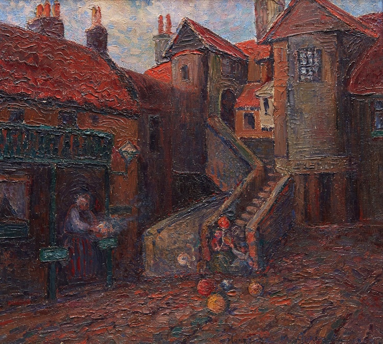 Artwork by Hortense Mattice Gordon, Village Scene