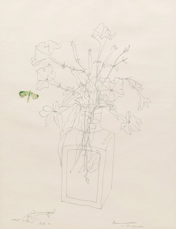 Artwork by Florence Vale,  Petunias and Nicotine in Old Glass Jar 