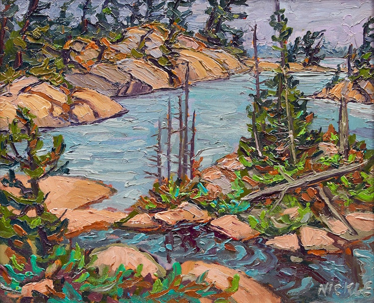 Artwork by Lawrence Nickle,  View Across Bing Inlet at Bigwood and Clark Island, Georgian Bay