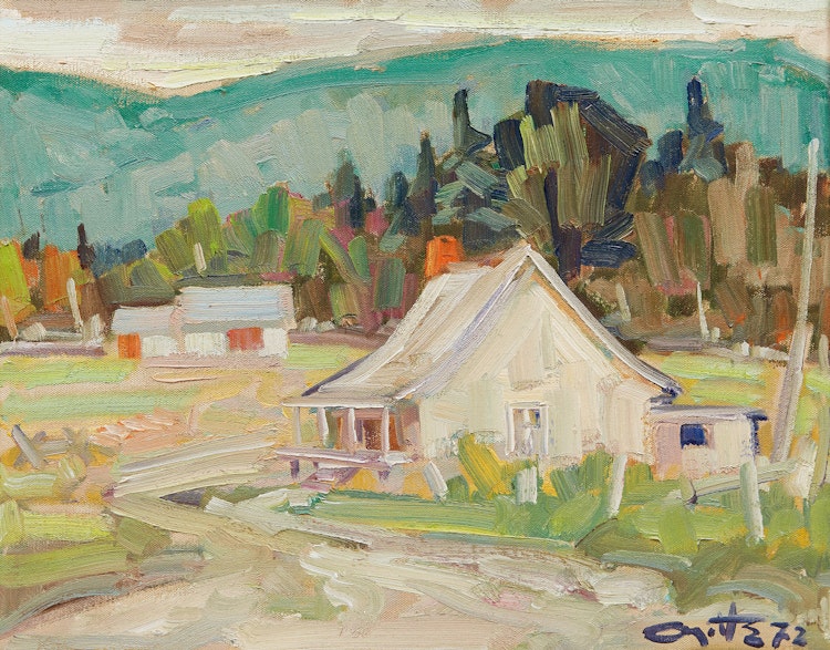 Artwork by Leo Ayotte, Landscape with Cabin