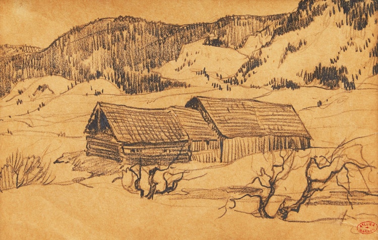 Artwork by Clarence Alphonse Gagnon, Grange à la campagne