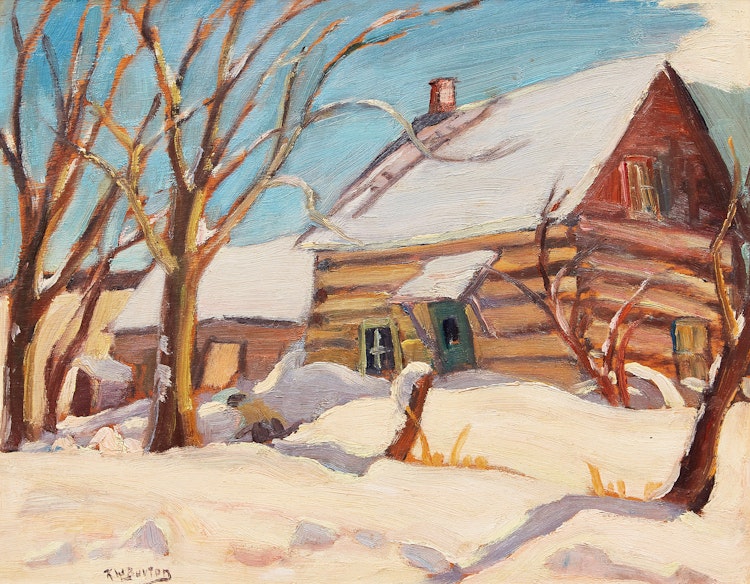 Artwork by Ralph Wallace Burton,  Cabin in Winter; Autumn Landscape