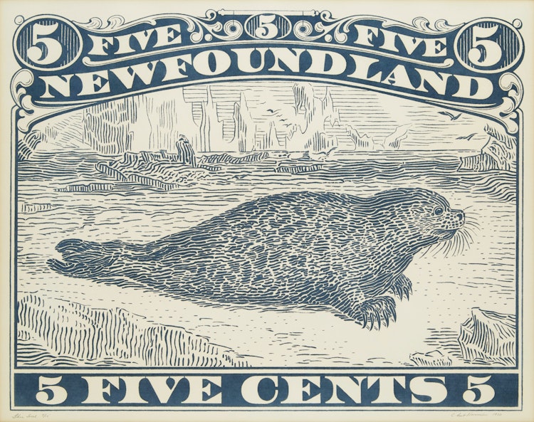 Artwork by Christopher Pratt, Blue Seal (Newfoundland Five Cents)