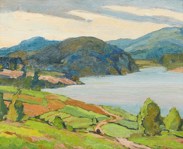 Artwork by George Henry Griffin,  Shoreline Landscape with Mountains