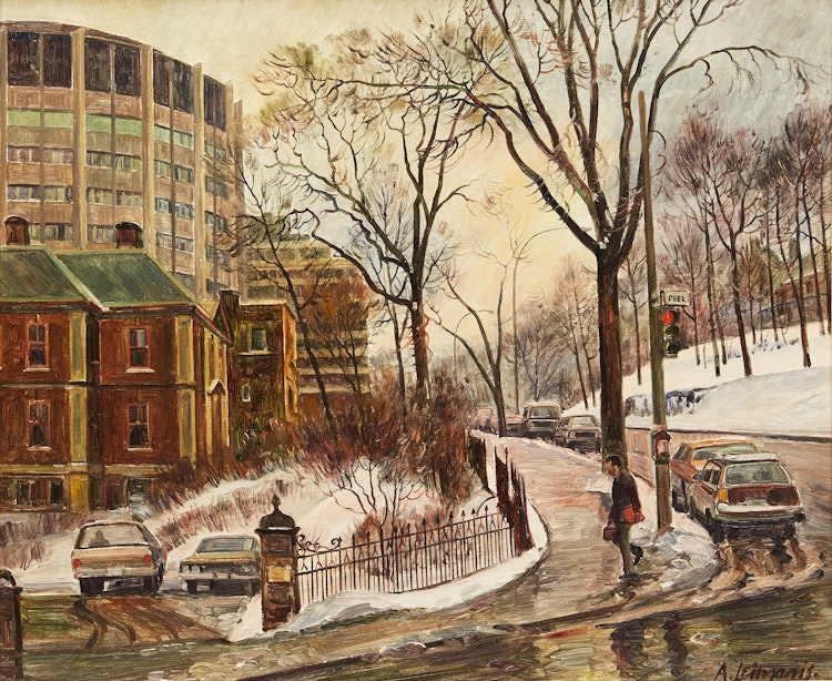 Artwork by Andris Leimanis,  Late Afternoon- A Winter View of Pine Avenue and Peel Street Looking West