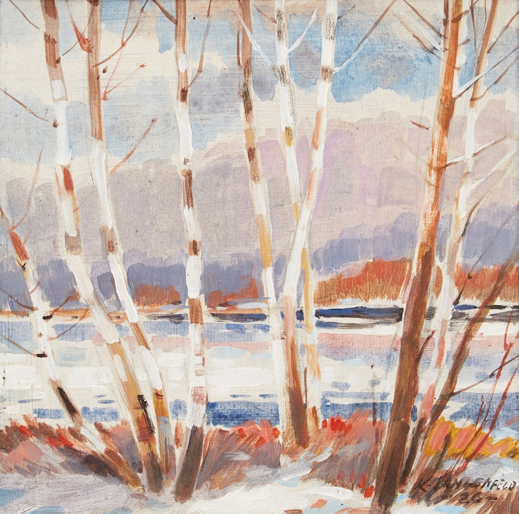 Artwork by K.  Langenfeld,  Beech Trees by the Shoreline