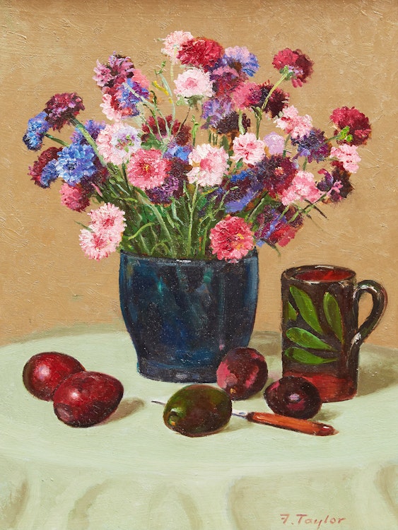 Artwork by Frederick Bourchier Taylor,  Still Life: Cornflowers, Avocados, etc. 