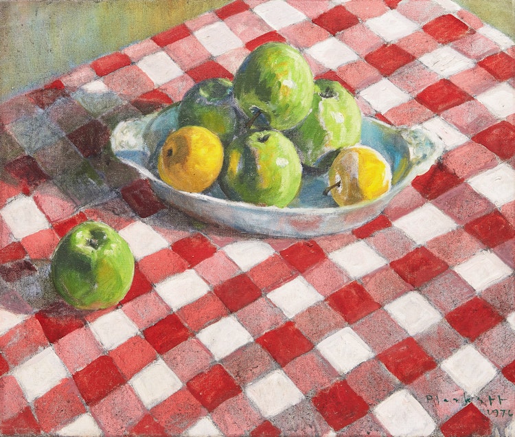 Artwork by Joseph Francis Plaskett,  Apples on Red