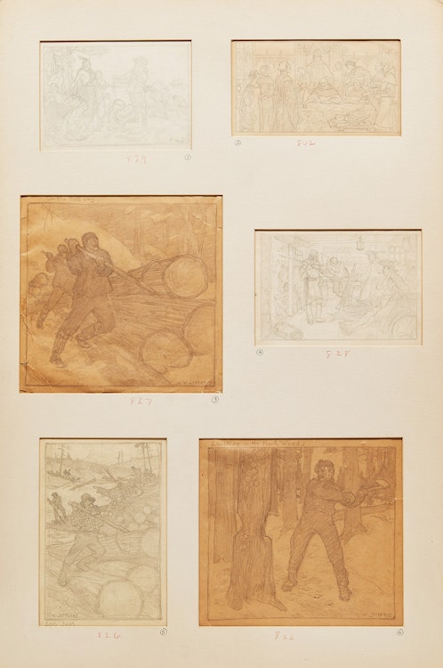 Artwork by Charles William Jefferys,  Six Studies of Loggers and other scenes