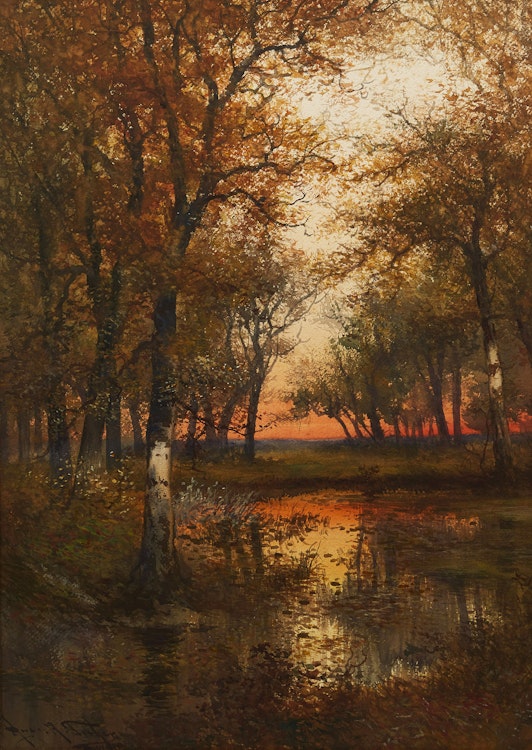 Artwork by Hugo Anton Fisher, Woodland Pool, Sunset