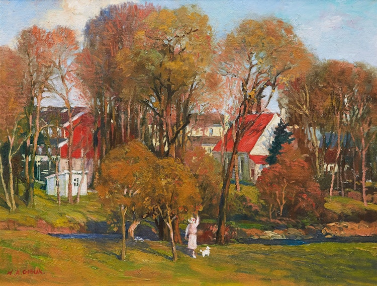 Artwork by Hugh Cheuk, Woman and Dog by a Stream