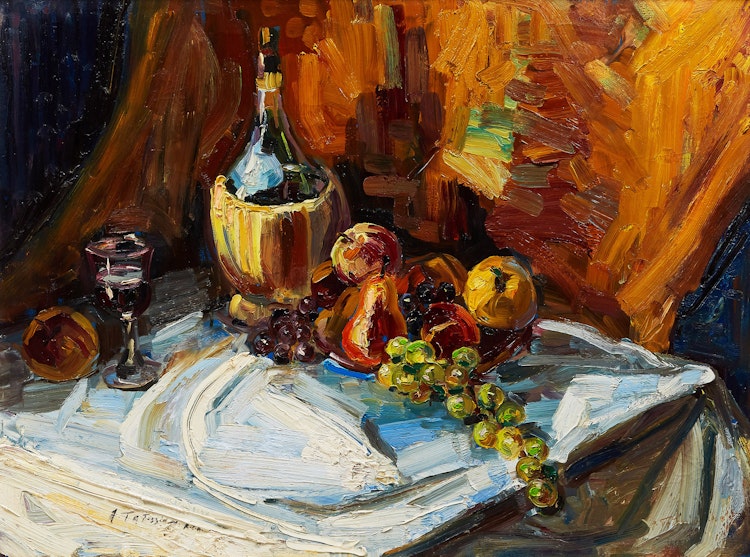 Artwork by Armand Tatossian,  Still Life with Wine and Fruits