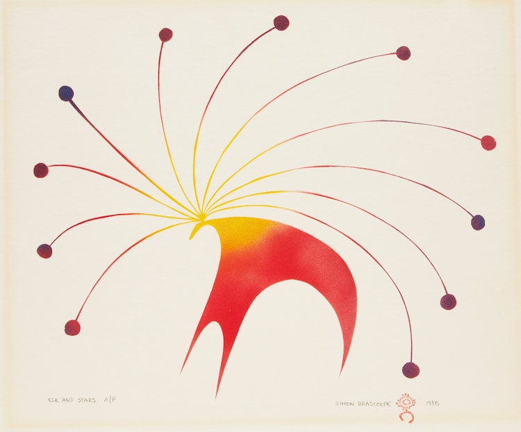 Artwork by Simon Brascoupe, Elk, Owl and Sun; Elk and Stars