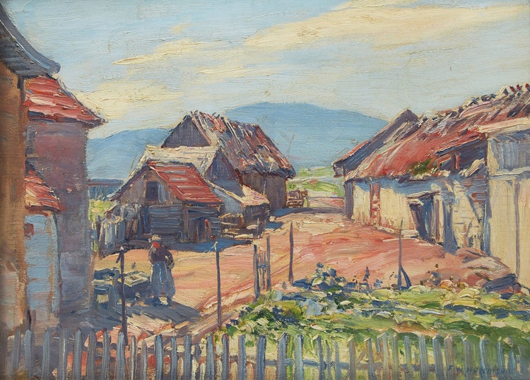 Artwork by Frederick William Hutchison,  Barns, Baie St. Paul