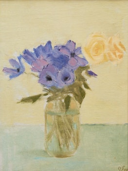 Artwork by John Richard Fox, Blue Flowers & Two Yellow Roses