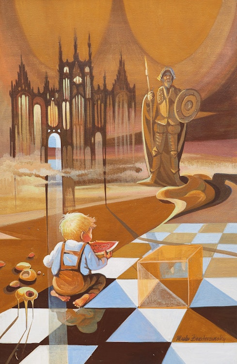 Artwork by Marta Brestovansky, Soldier and Child in Surreal Landscape
