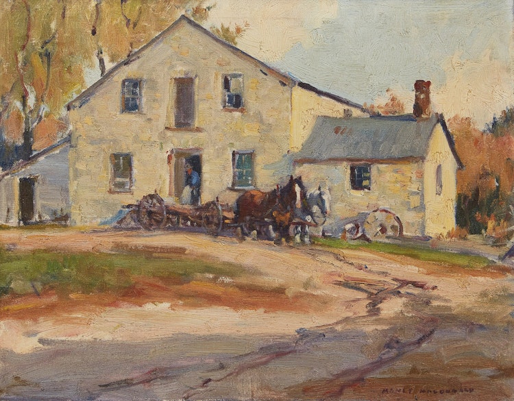 Artwork by Manly Edward MacDonald, Mill-House, Farmer, Horses and Buckboard